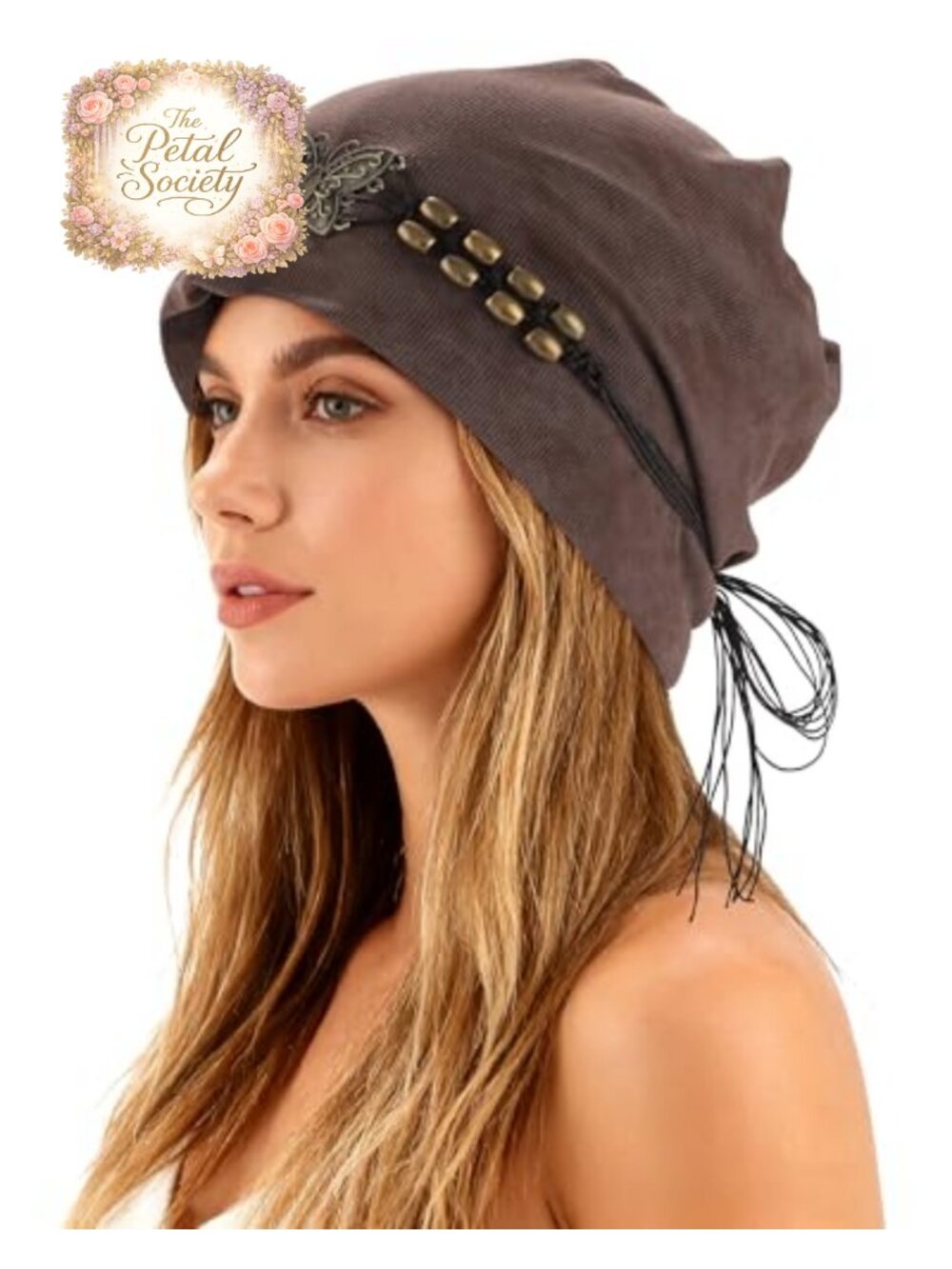 Slouchy Beanie Hat Polyester Knit Butterfly Beads Tassels Women